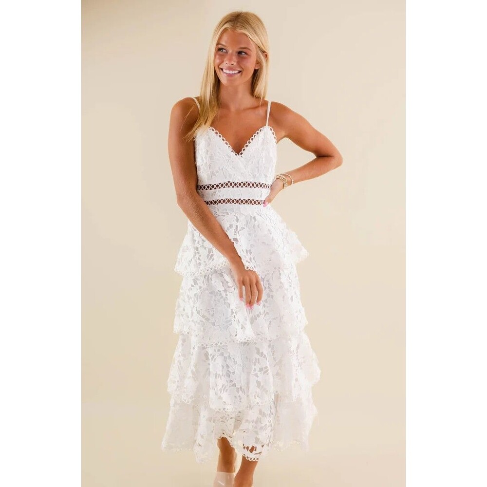 Koji Junior Petite White Spaghetti Strap Tiered Lace Fully Lined Dress - Brazil